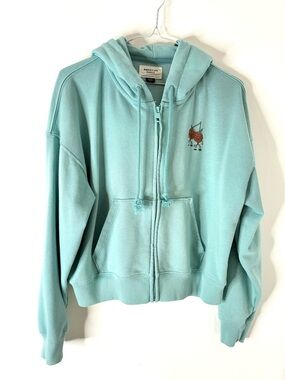 American Eagle Light Blue Cherry Graphic Zip Hoodie Drawstring Hood AEO Logo
